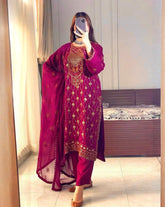 Exclusive Wine Soft Georgette Pant Kurti With Dupatta
