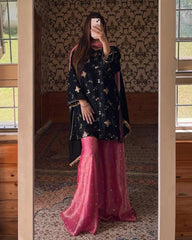 Exclusive Black Pink Crush Silk Gharara Suit With Dupatta