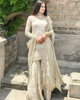 Exclusive Ivory Cream Chinon Silk Gharara Suit With Dupatta