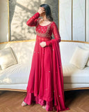 Exclusive Hot Red Soft Georgette Embroidery Palazo Frock With Dupatta