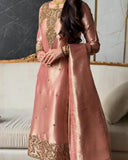 Exclusive Peach ZimmySilk Embroidery Pant Kurti With Dupatta