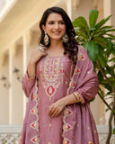 Exclusive Pink Chinon Silk Embroidery Palazo Kurti With Dupatta