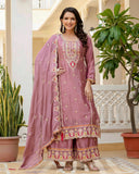 Exclusive Pink Chinon Silk Embroidery Palazo Kurti With Dupatta