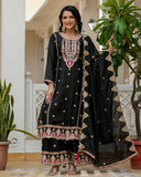 Exclusive Black Chinon Silk Embroidery Palazo Kurti With Dupatta