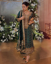 Exclusive Bottle Green Zimmy Silk Embroidery Pant Kurti Set With Dupatta