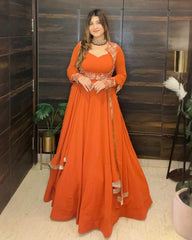 Exclusive Orange Soft Georgette Embroidery Gown Set With Dupatta