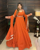 Exclusive Orange Soft Georgette Embroidery Gown Set With Dupatta