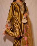 Luxury White And Mehndi Golden Farshi Salwar Suit Japan Satin Silk Floral Embroidery With Dupatta