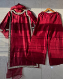 Premium Custom Fit Viral Celebrity Inspired Suit With Simmer Silk Blend Complete Set With Top Bottom And Dupatta