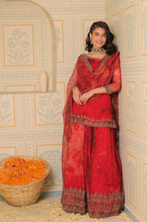 Exclusive Elegant Red Embroidered Sharara Suit with Dupatta