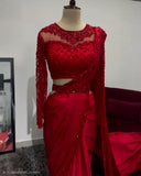 Black & Red Satin Silk Embroidery Work Saree With Blouse