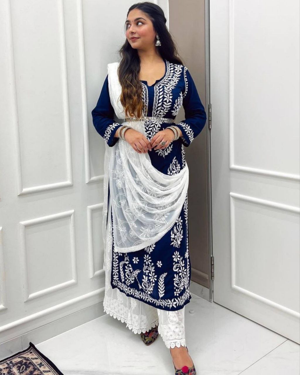 Ready To Wear  Rayon Cotton Embroidery Work Blue Chikan Kari Suit With  White Dupatta