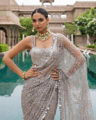 Desinger Silver Grey Heavy Net Sequence Work Saree Wth Blouse