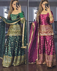 Ready To Wear Wine & Green Satin Silk Embroidery Work Sharara Suit With Dupatta