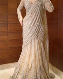 Ready To Wear Champagne Gold Butterfly Net Embroidery Lehenga Saree With Blouse