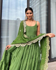 Ready To Wear Green Heavy Georgette Ruffle Flair Work Anarkali Gown With Dupatta