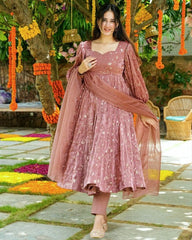 Ready To Wear Nude Faux Georgette Embroidery Work Anarkali Suit With Dupatta