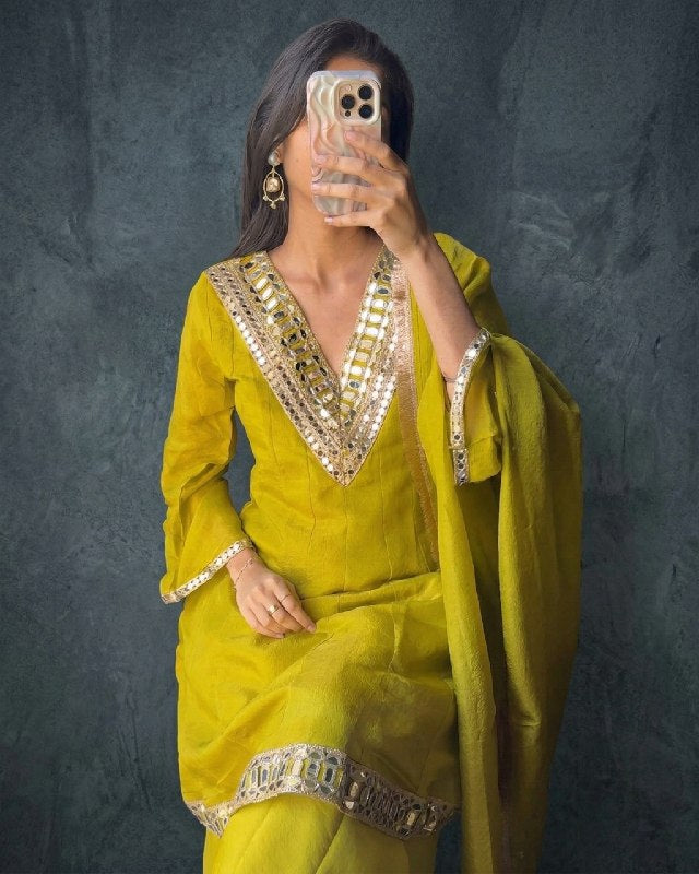 Ready To Wear Purple White Yellow Simmer Silk Kurti Palazo With Dupatta
