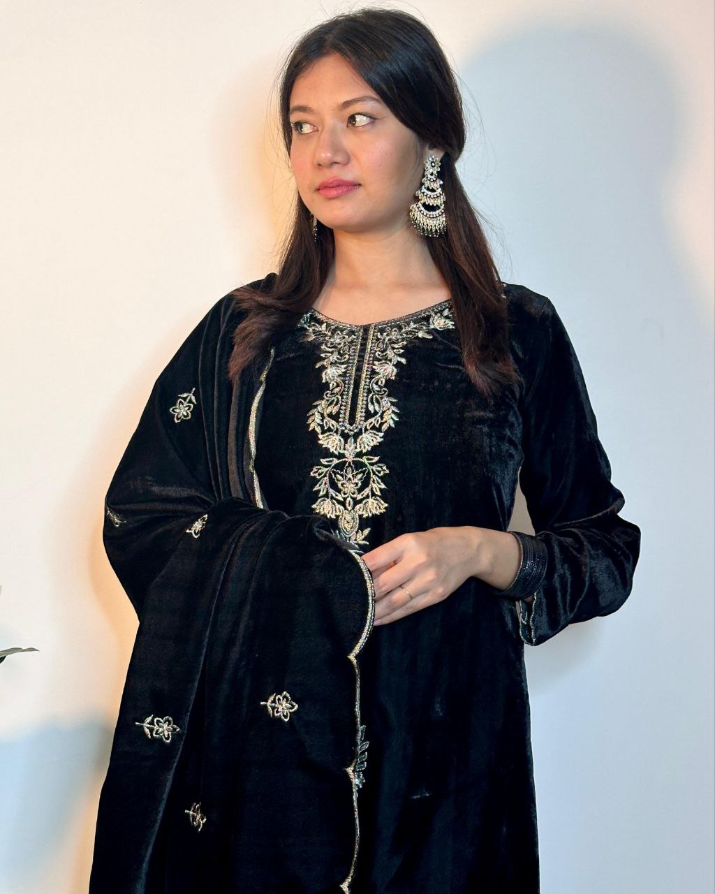 Ready To Wear Black Micro Velvet Embroidery Work Pakistani Suit With Dupatta