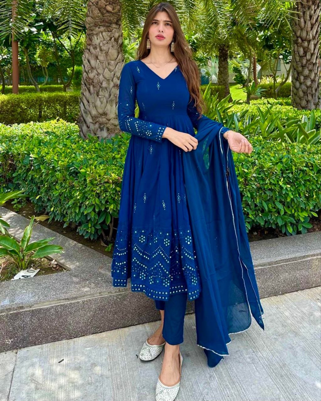 Ready To Wear Blue Faux Georgette Embroidery Work Anarkali Suit With Dupatta