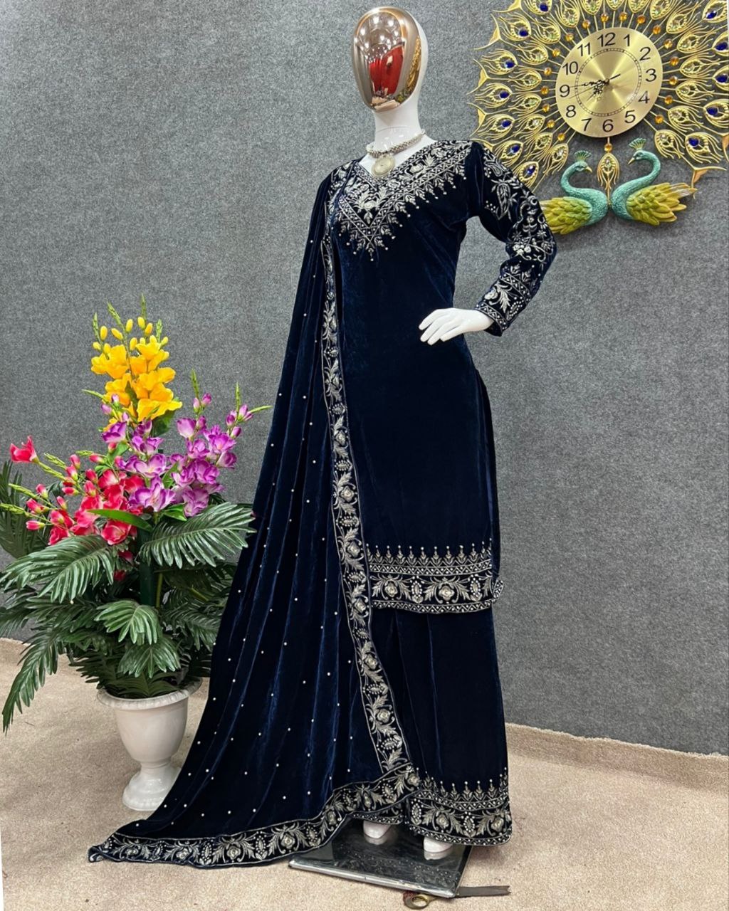 Ready To Wear Blue&Wine Micro Velvet Embroidery Work Palazo Suit With Dupatta