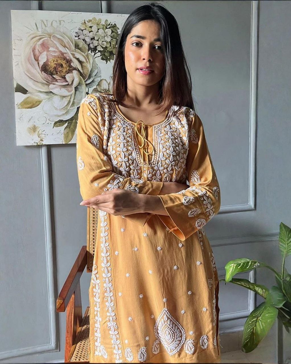 Exclusive Yellow Green Rayon Cotton chikankari Palazo Kurti Set