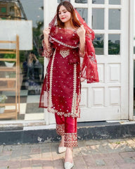 Ready To Wear Red Organza Silk Embroidery Work Pakistani Suit With Dupatta