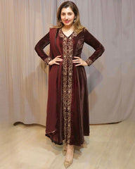 Ready To Wear Maroon Micro Velvet Sequence Work Pant Suit With Dupatta