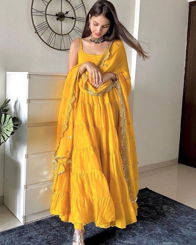 Designer Yellow Heavy Georgette Ruffle Flair Work Anarkali Gown With Dupatta