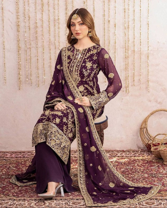 Ready To Wear Purple Soft Georgette Embroidery Palazo Kurti With Dupatta