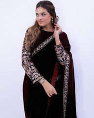 Desinger Maroon Micro Velvet Embroidery Work Saree With Blouse