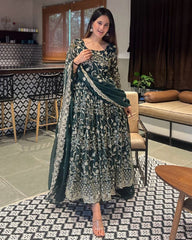 Ready To Wear Bottle Green Pure Georgette Embroidery Work  Anarkali Suit With Dupatta