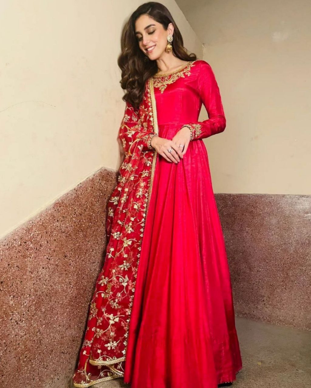 Ready To Wear Hot Red Taffeta Silk Sequence Work Gown With Dupatta