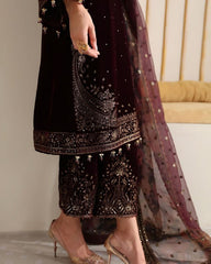 Ready To Wear Wine Micro Velvet Embroidery Work Pakistani Pant Suit With Dupatta