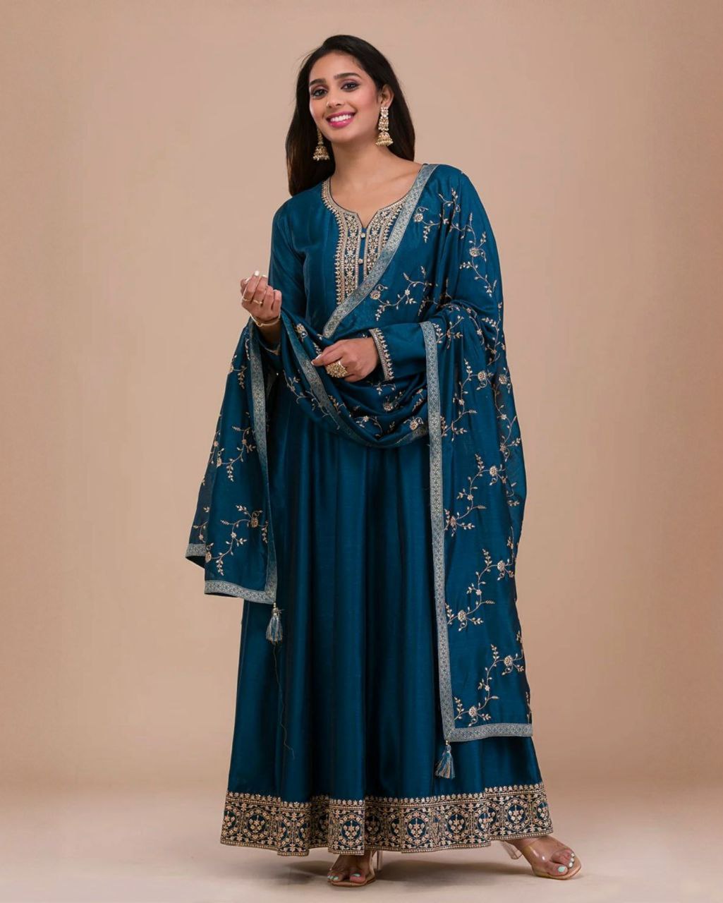 Designer Pink-Blue Satin Silk Embroidery Work Anarkali Suit With Dupatta