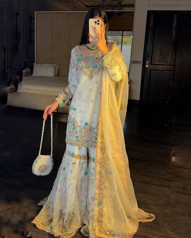 Ready To Wear White Soft Georgette Embroidery Sharara Kurti With Dupatta