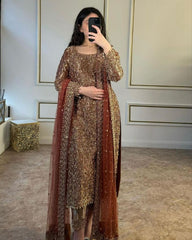 Ready To Wear Copper Brown Jimmy Choo Silk Embroidery Work Pakistani Suit With Dupatta