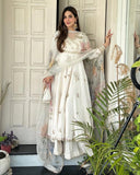 Exclusive White Chinon Silk Embroidery Anarkali Palazo With Dupatta