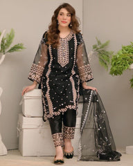 Ready To Wear Black Organza Silk Embroidery Work Pakistani Suit With Dupatta