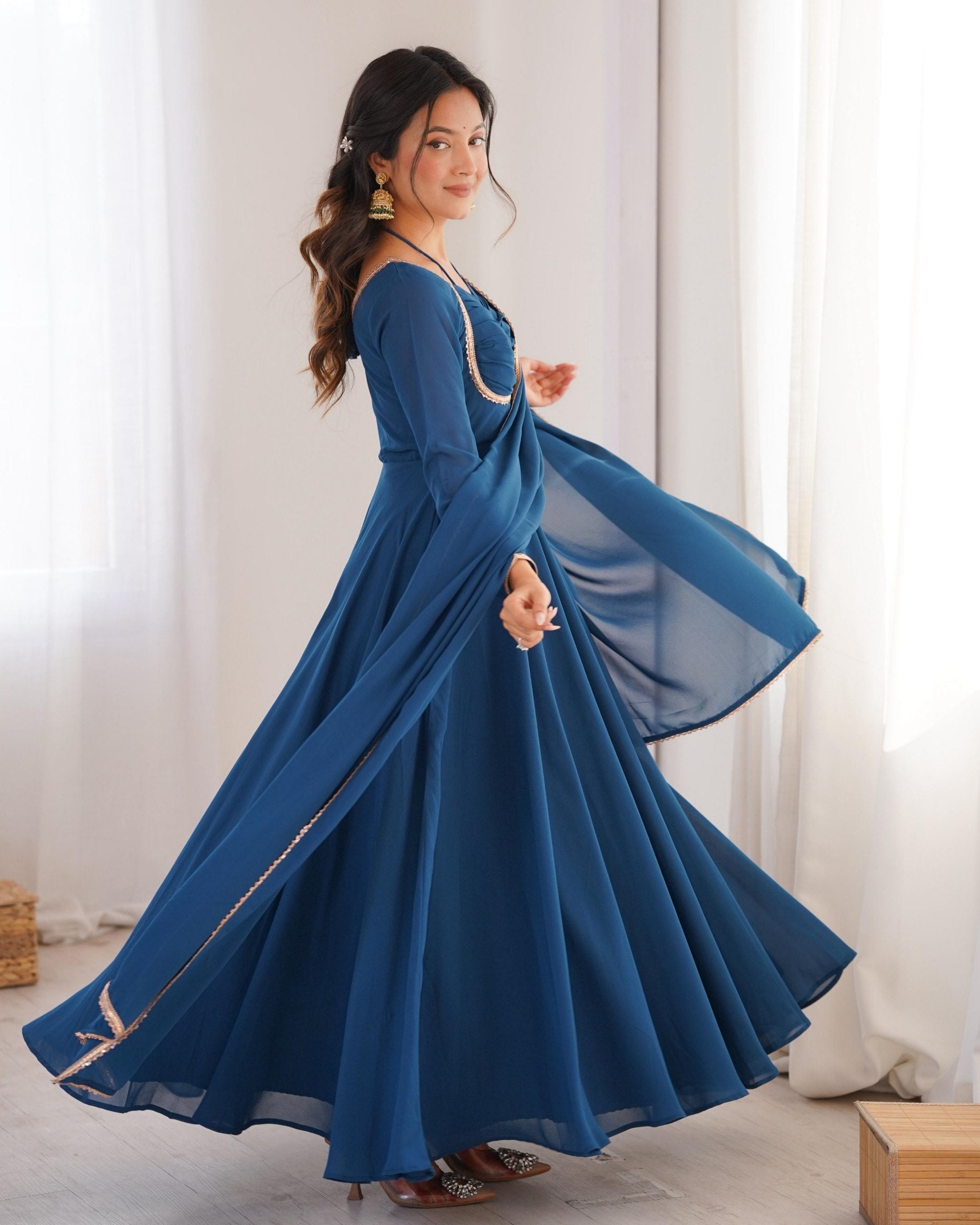 Exclusive Blue Soft Georgette Embroidery Gown Set With Dupatta