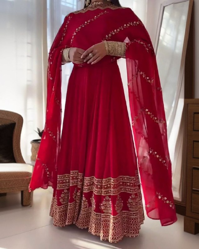 Ready To Wear Red Pure Georgette Embroidery Work Anarkali Gown With Dupatta