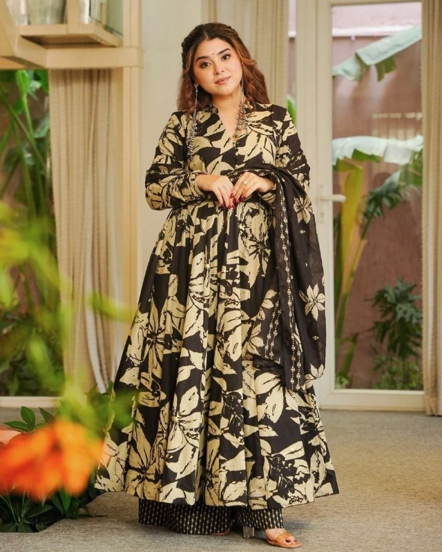 Ready To Wear Black Maslin Cotton Embroidery Anarkali Palazo With Dupatta