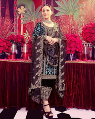 Ready To Wear Sky-Wine Micro Velvet Sequence Work Pant Suit With Dupatta