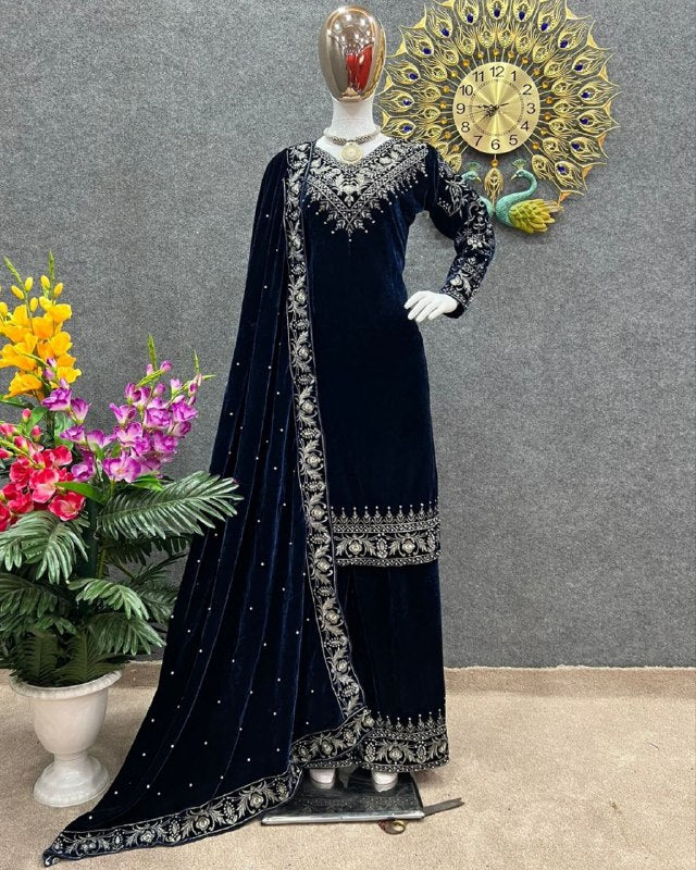 Ready To Wear Blue&Wine Micro Velvet Embroidery Work Palazo Suit With Dupatta