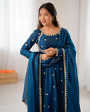 Premium Blue Shimmer Chanderi Silk Anarkali Pant With Dupatta