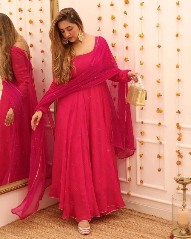 Ready To Wear Hot Pink Pure Georgette Embroidery Work Anarkali Suit With Dupatta