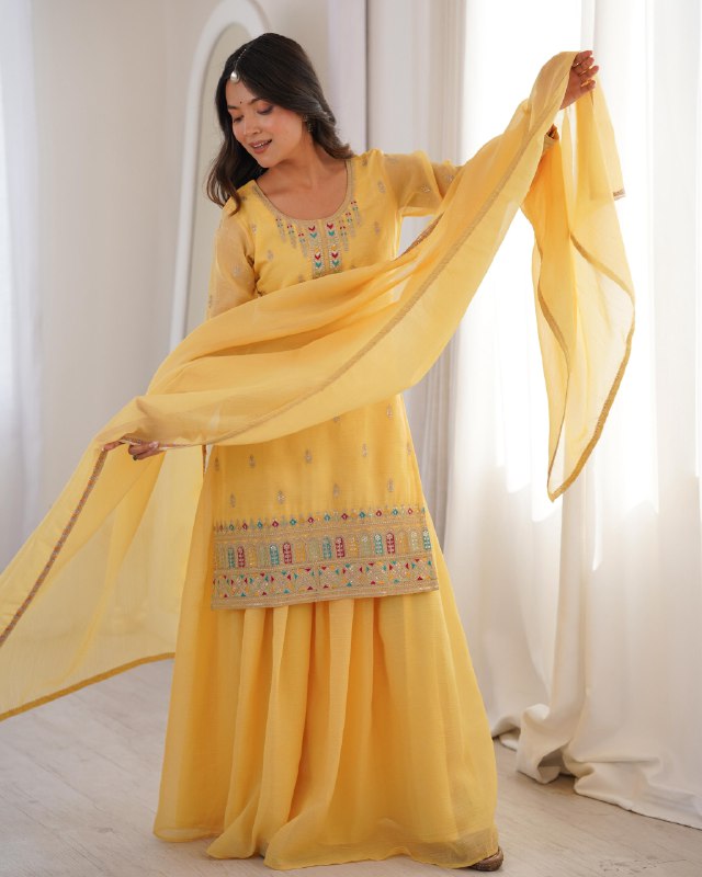 Ready To Wear Yellow Sky Soft Crunchy Silk Embroidery Kurti Palazo With Dupatta