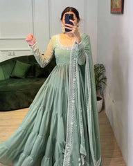 Ready To Wear Pista Green Pure Georgette Embroidery Work Anarkali Gown With Dupatta