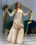Exclusive White Fendy Silk Embroidery Gharara Suit With Dupatta