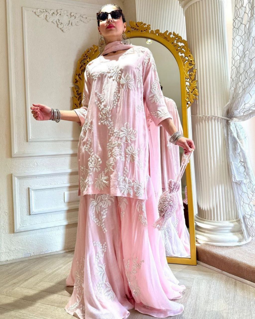 Designer Baby Pink Pure Georgette Embroidery Work Sharara Suit With Dupatta